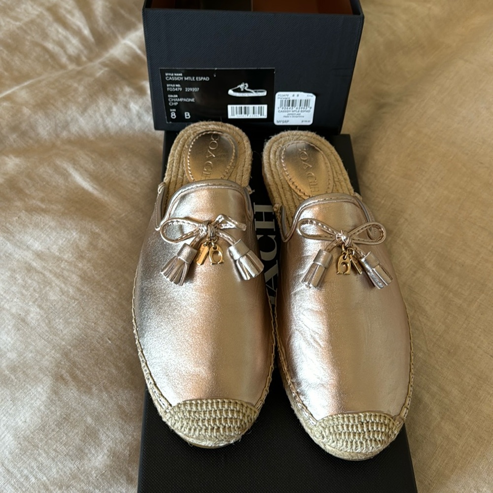 Coach Metallic Gold Espadrille Mule with Tassel Charm